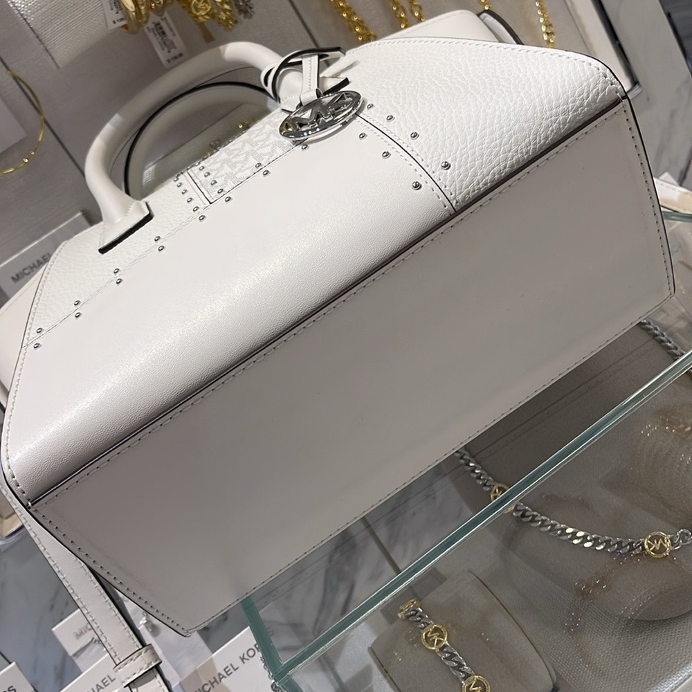 Michael Kors Avril Small Studded Patchwork and Signature Logo Satchel Crossbody - Picture 15 of 16
